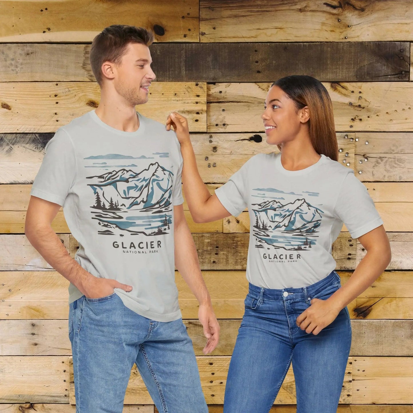 Glacier National Park Unisex Fit Soft T-Shirt Watercolor Line Art