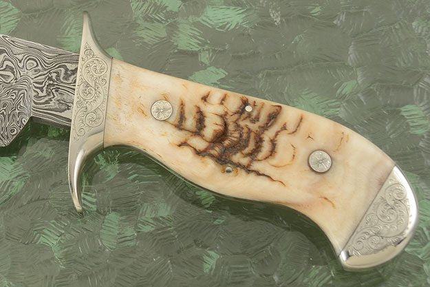 Hand Engraved Tennessee Bowie Knife - Custom Damascus Steel Blade, Ram Horn Handle, Hand Engraved Steel Guard and Bolster, 15" Overall Length | Leather Sheath | KBS Knives