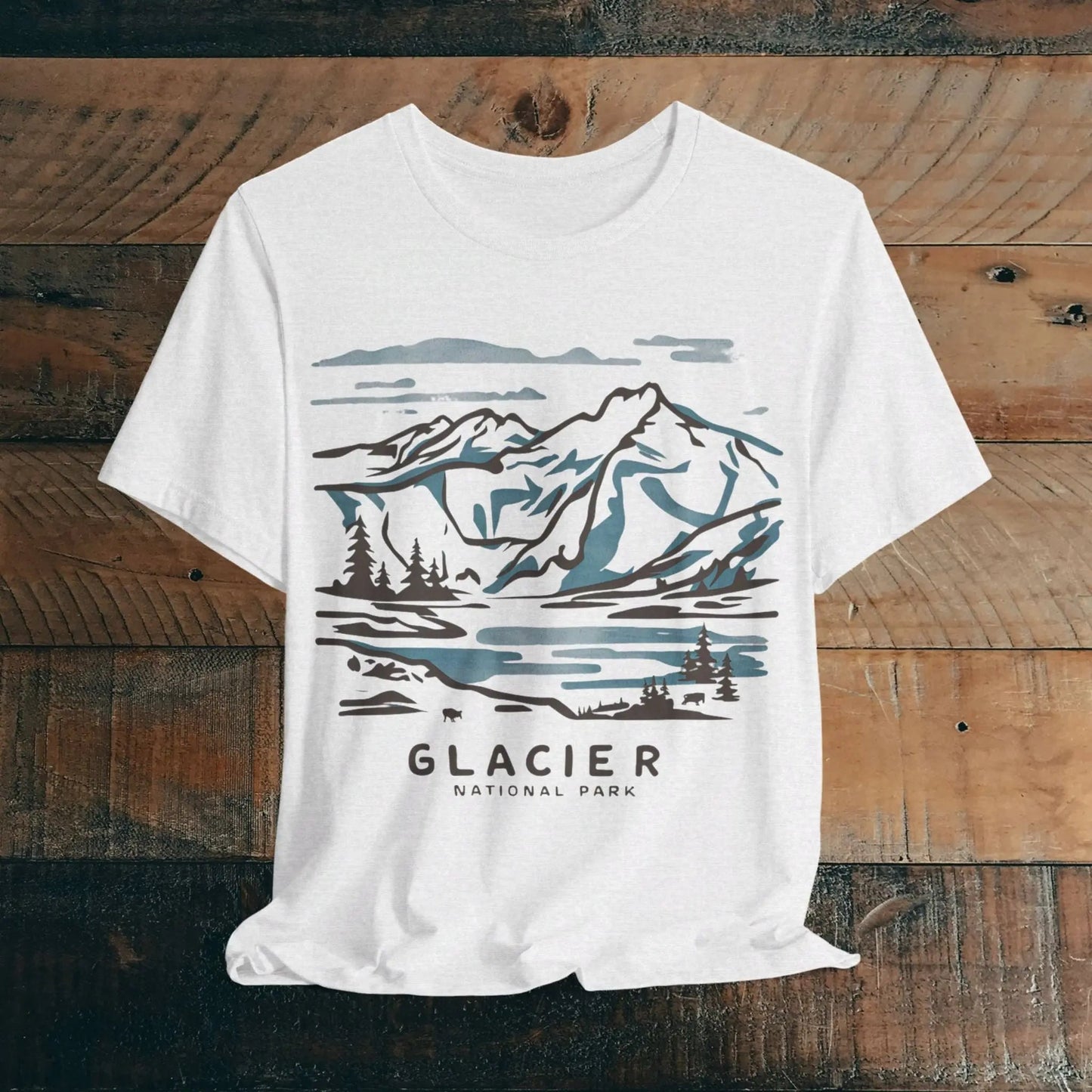 Glacier National Park Unisex Fit Soft T-Shirt Watercolor Line Art