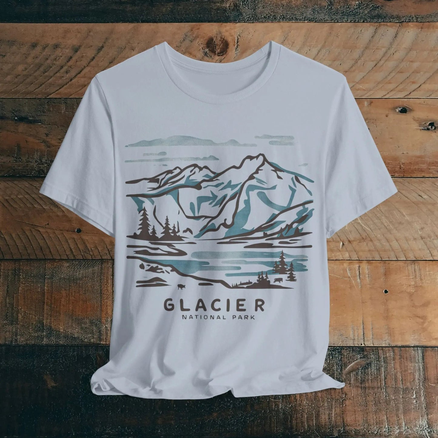Glacier National Park Unisex Fit Soft T-Shirt Watercolor Line Art
