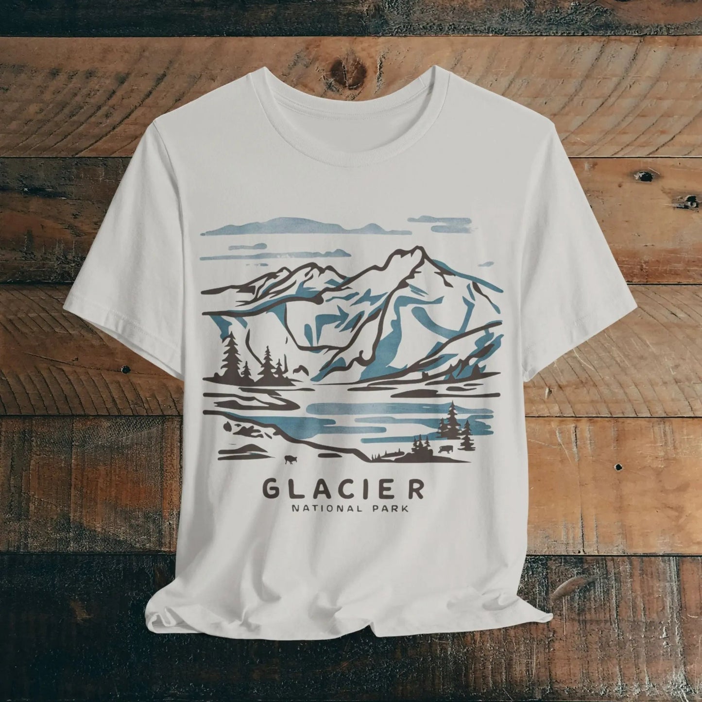Glacier National Park Unisex Fit Soft T-Shirt Watercolor Line Art