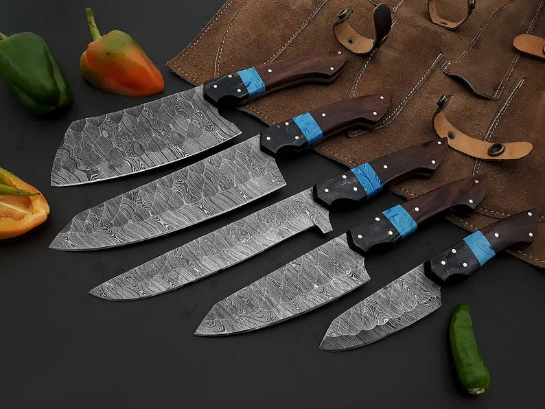 Best Chef Knives Sets – 13" Damascus Steel Blade with Wenge Resin Handle & Leather Sheath