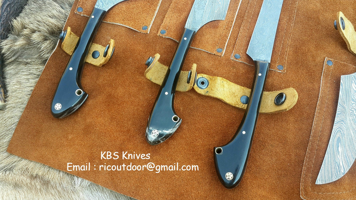 Custom Damascus Steel Hunting Knives Set – Buffalo Horn Handles
