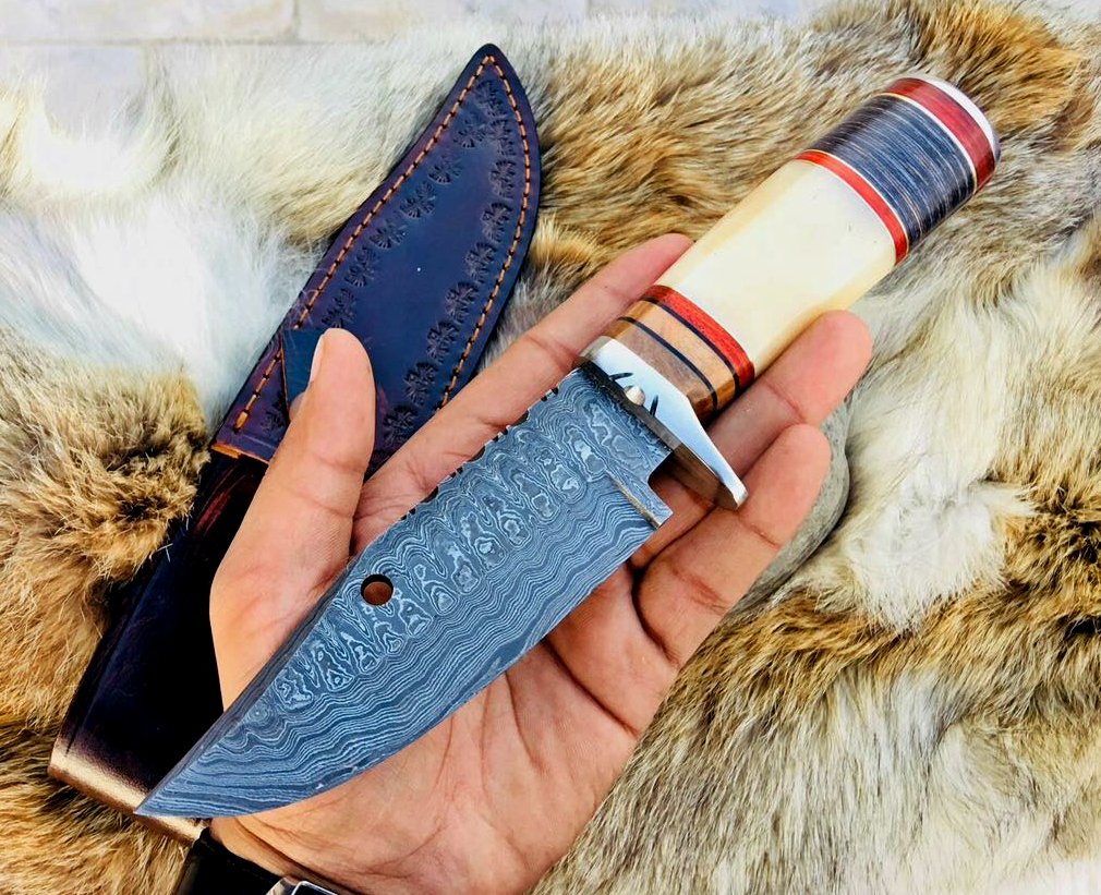 Custom Handmade Big Hunting Knife with Damascus Steel Blade