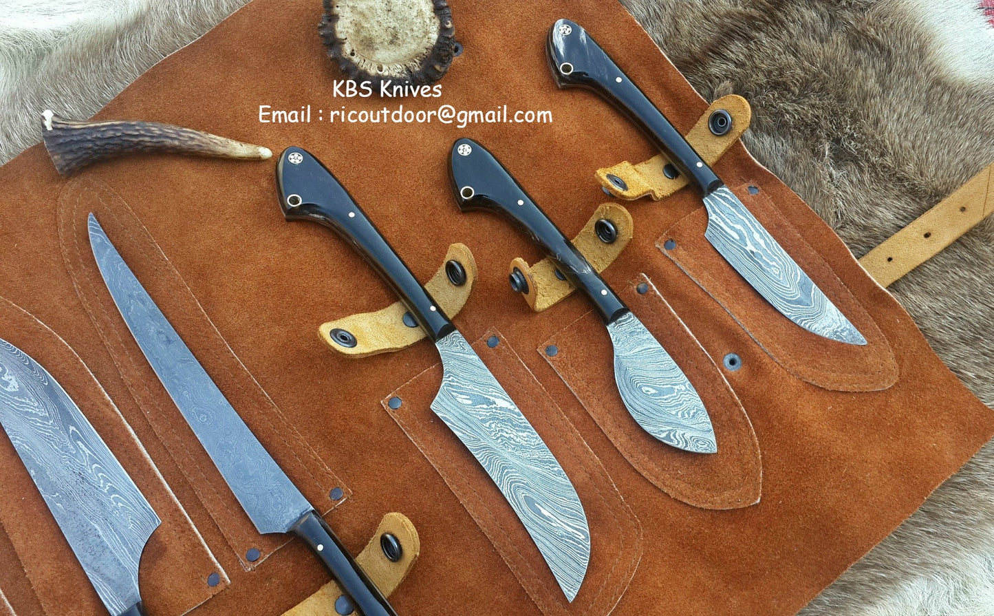 Custom Damascus Steel Hunting Knives Set – Buffalo Horn Handles