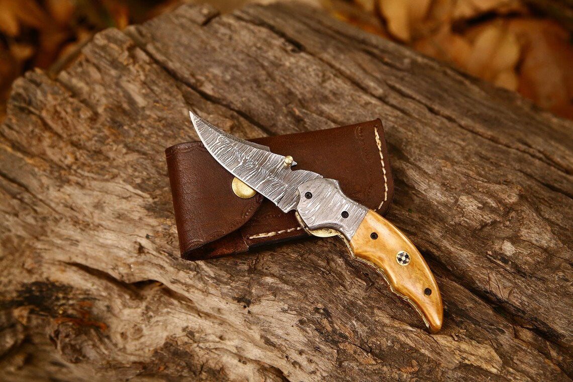 Custom Handmade Damascus Steel EDC Folding Pocket Knife | 3-Inch Blade, Colored Bone Handle, Leather Case | Ideal Gift for Any Occasion by KBS Knives