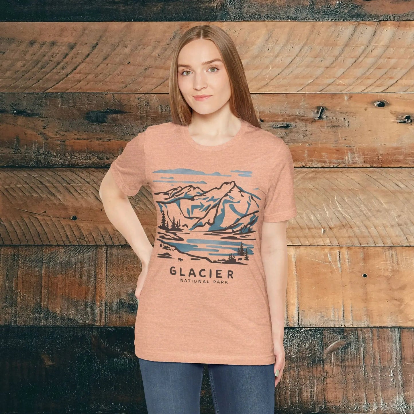 Glacier National Park Unisex Fit Soft T-Shirt Watercolor Line Art