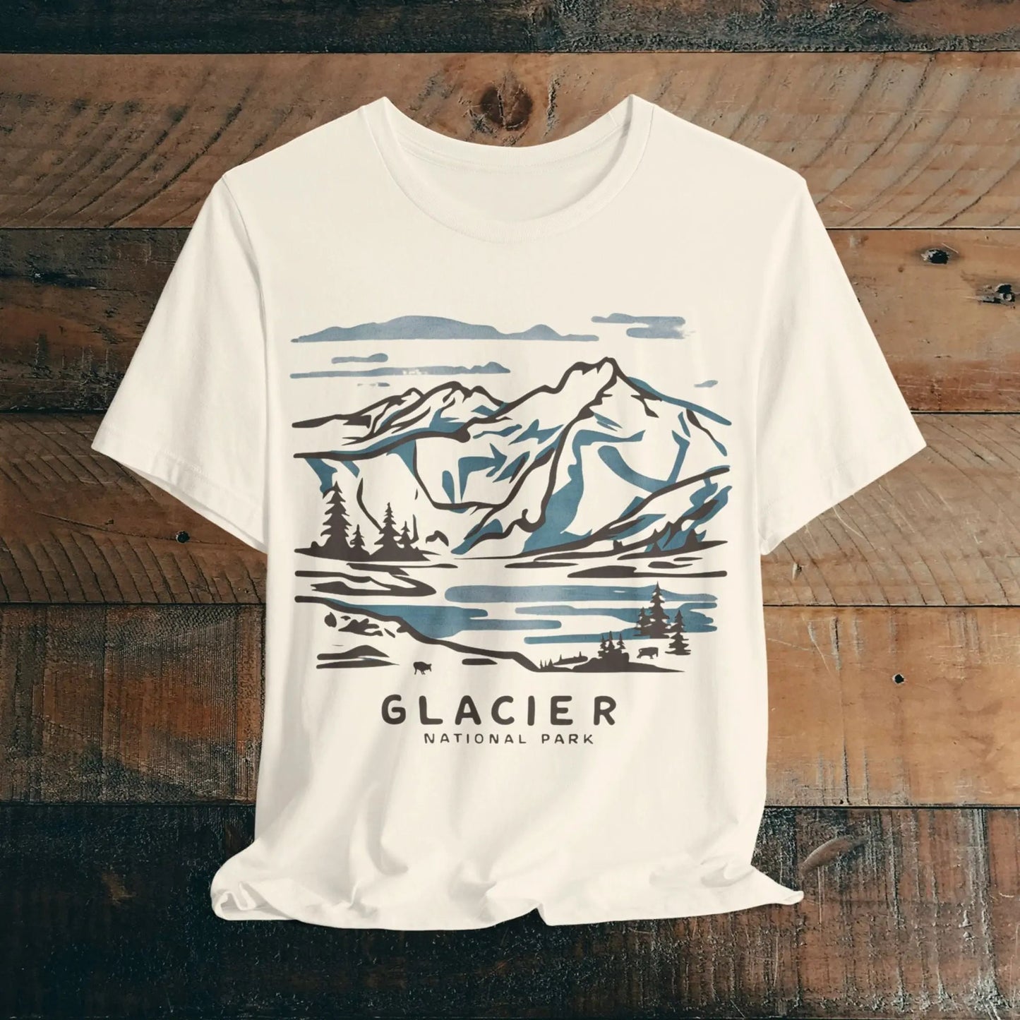 Glacier National Park Unisex Fit Soft T-Shirt Watercolor Line Art