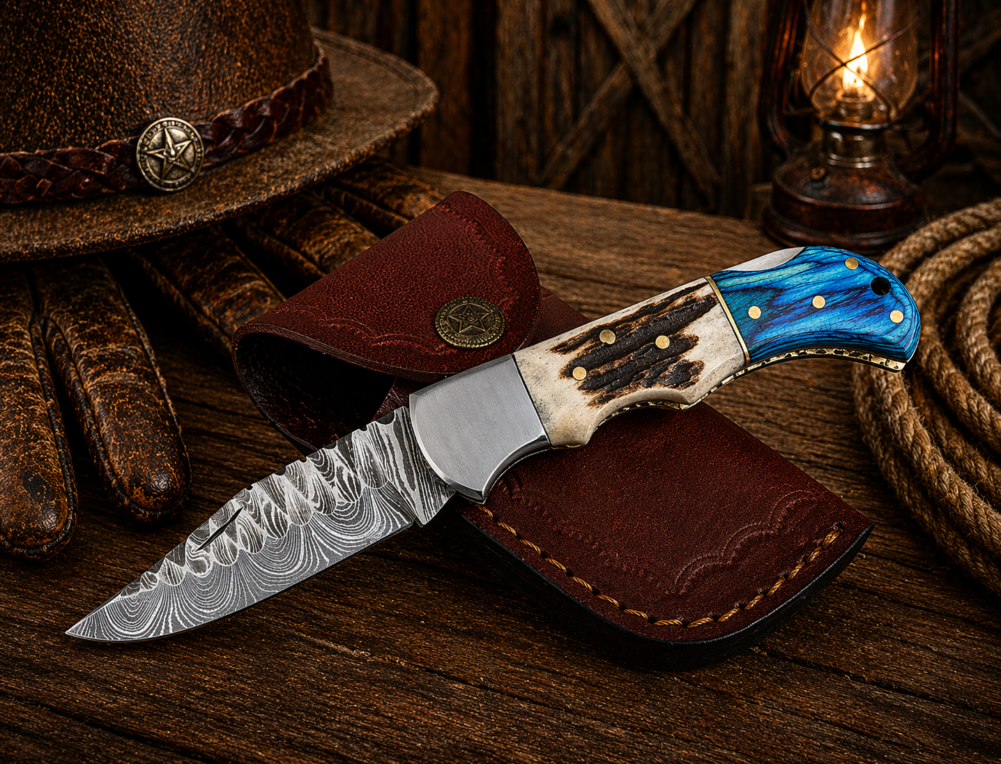 Hand Forged Damascus Pocket Knife – Engraved Folding Knife with Stag Horn & Blue Pakka Wood Handle