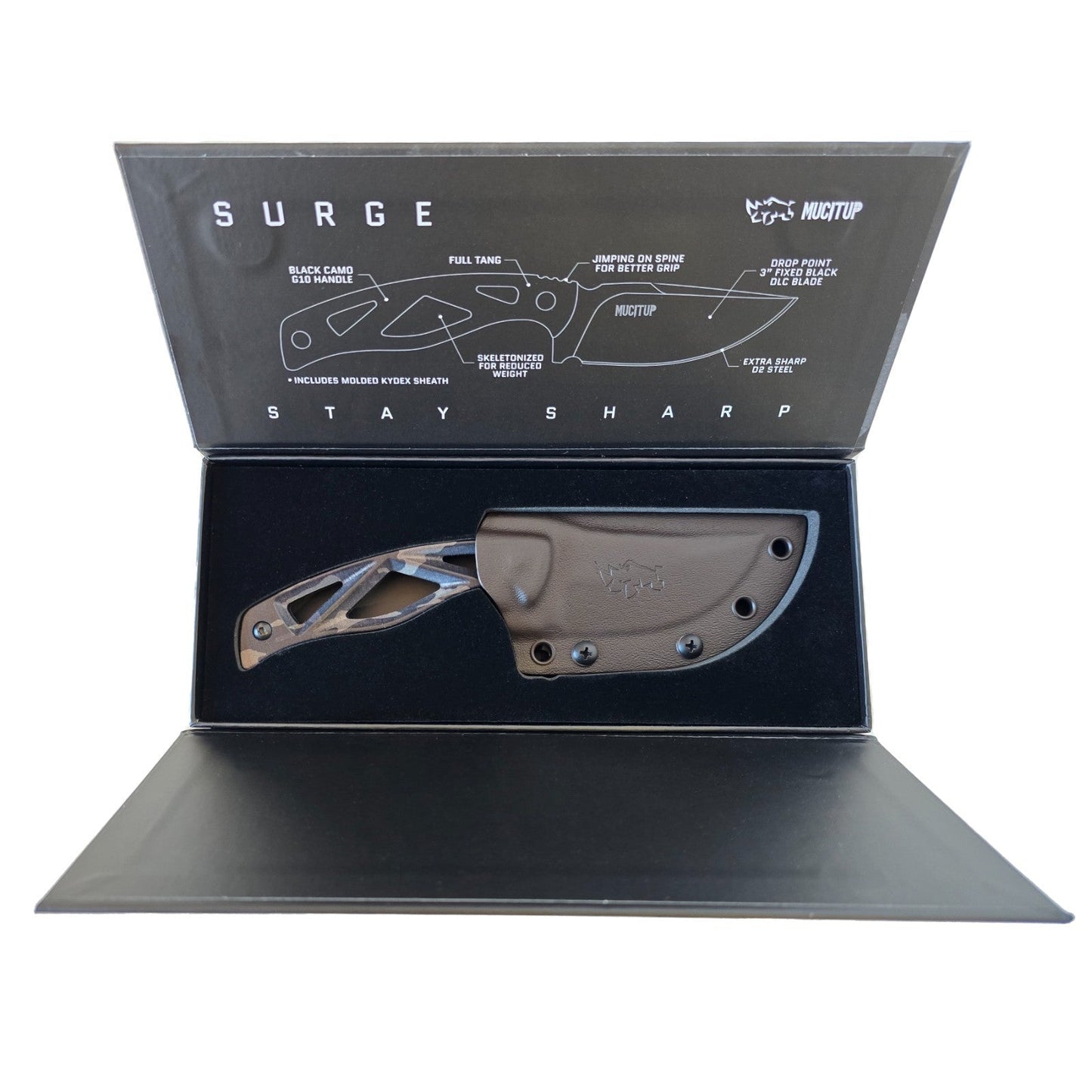 MUCITUP LIMITED EDITION MUCTAC Surge Fixed Blade Knife D2 Steel 3" DLC Blade Multicam Black G10