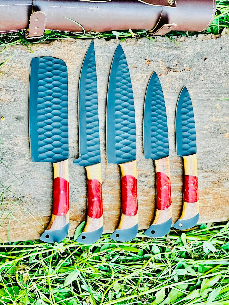 Best Japanese Kitchen Knife Set – 13" Forged Stainless Steel Blade with Olivewood & Resin Handle + Leather Sheath