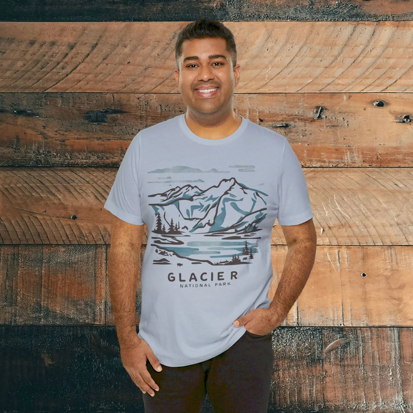 Glacier National Park Unisex Fit Soft T-Shirt Watercolor Line Art