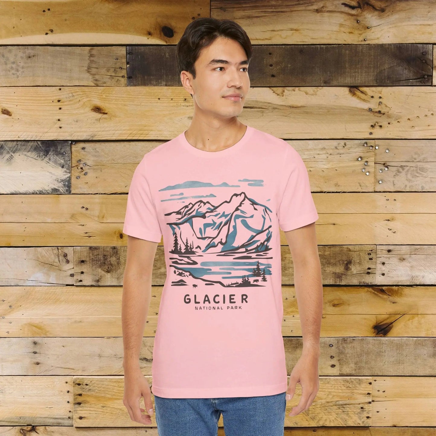 Glacier National Park Unisex Fit Soft T-Shirt Watercolor Line Art