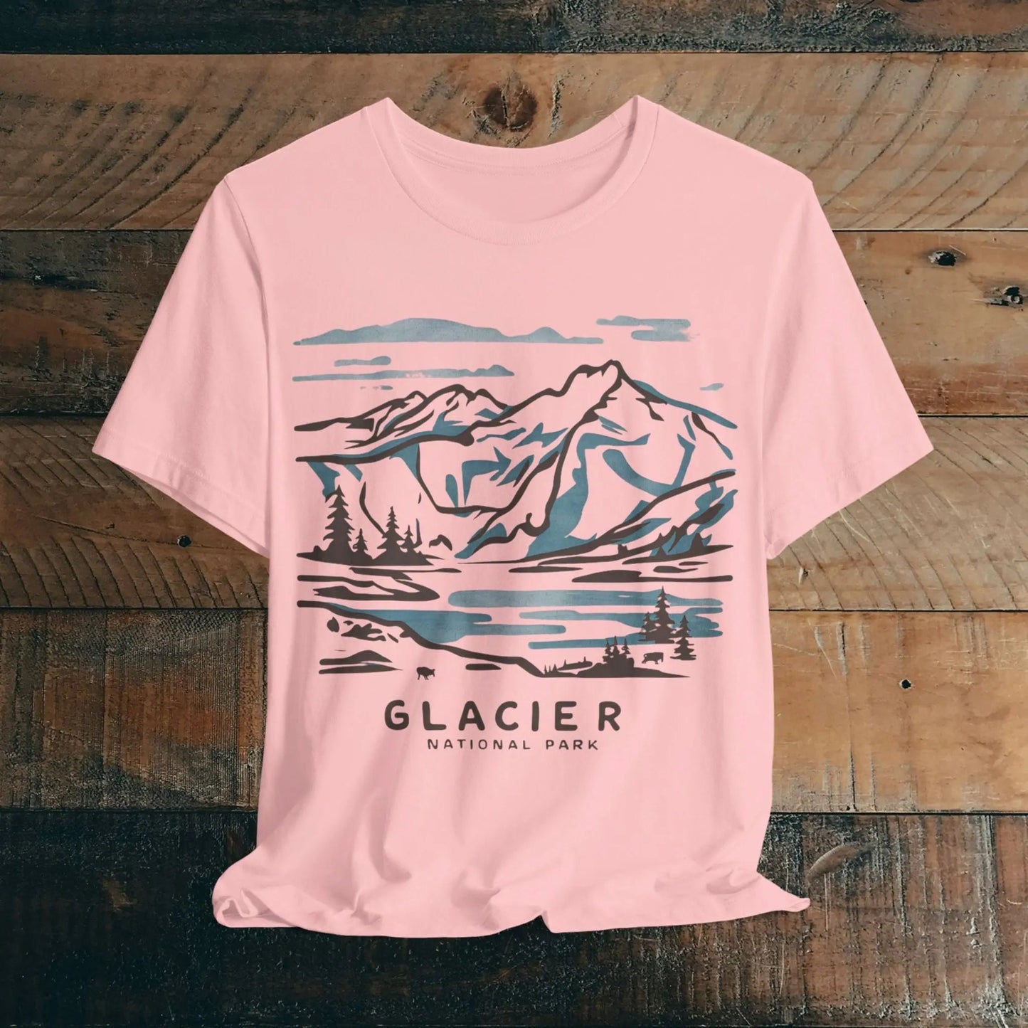 Glacier National Park Unisex Fit Soft T-Shirt Watercolor Line Art