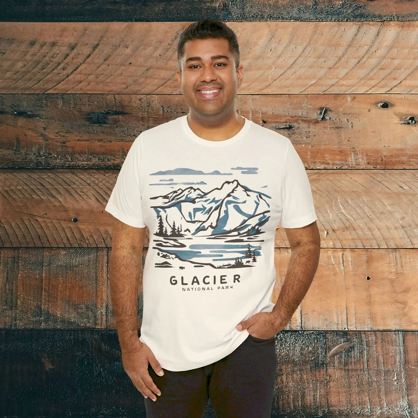 Glacier National Park Unisex Fit Soft T-Shirt Watercolor Line Art