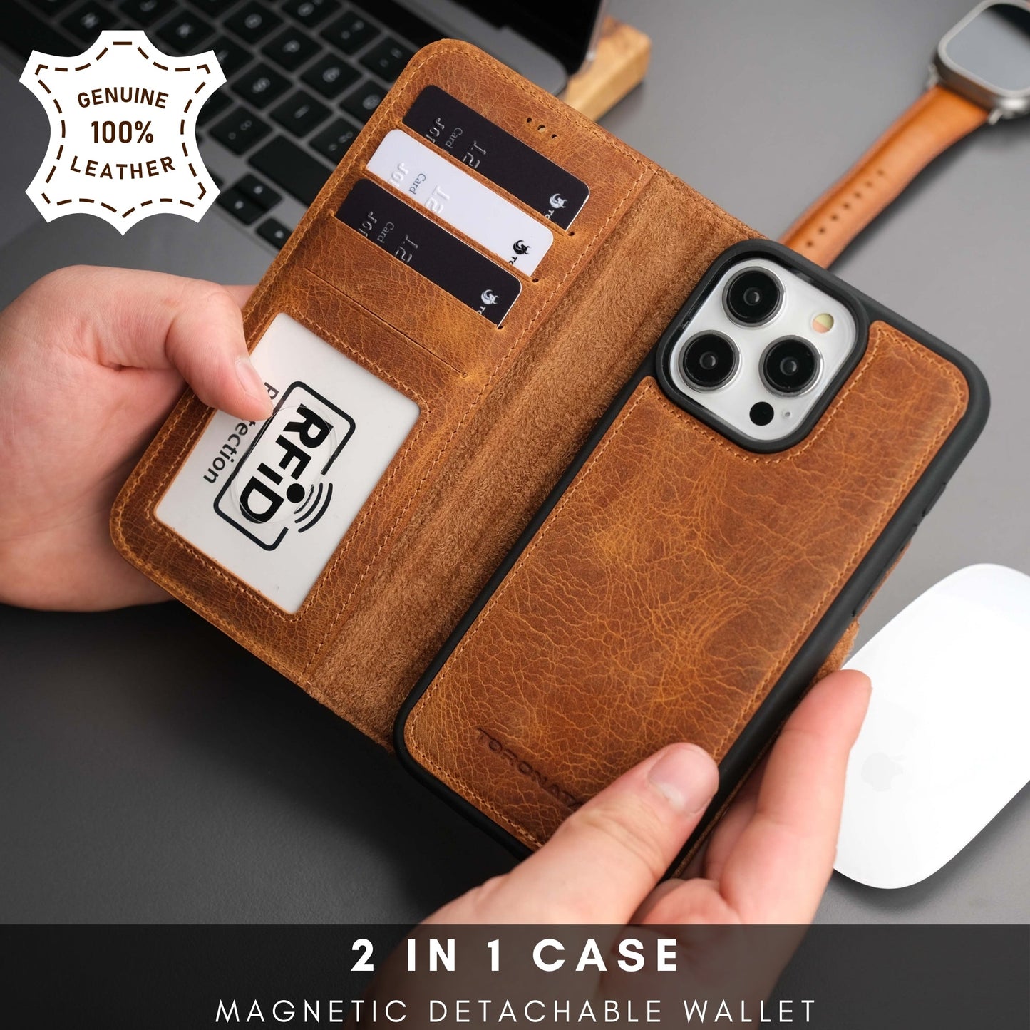 Casper Leather iPhone 15 Pro Max Wallet Case | Detachable MagSafe Compatible RFID Protection