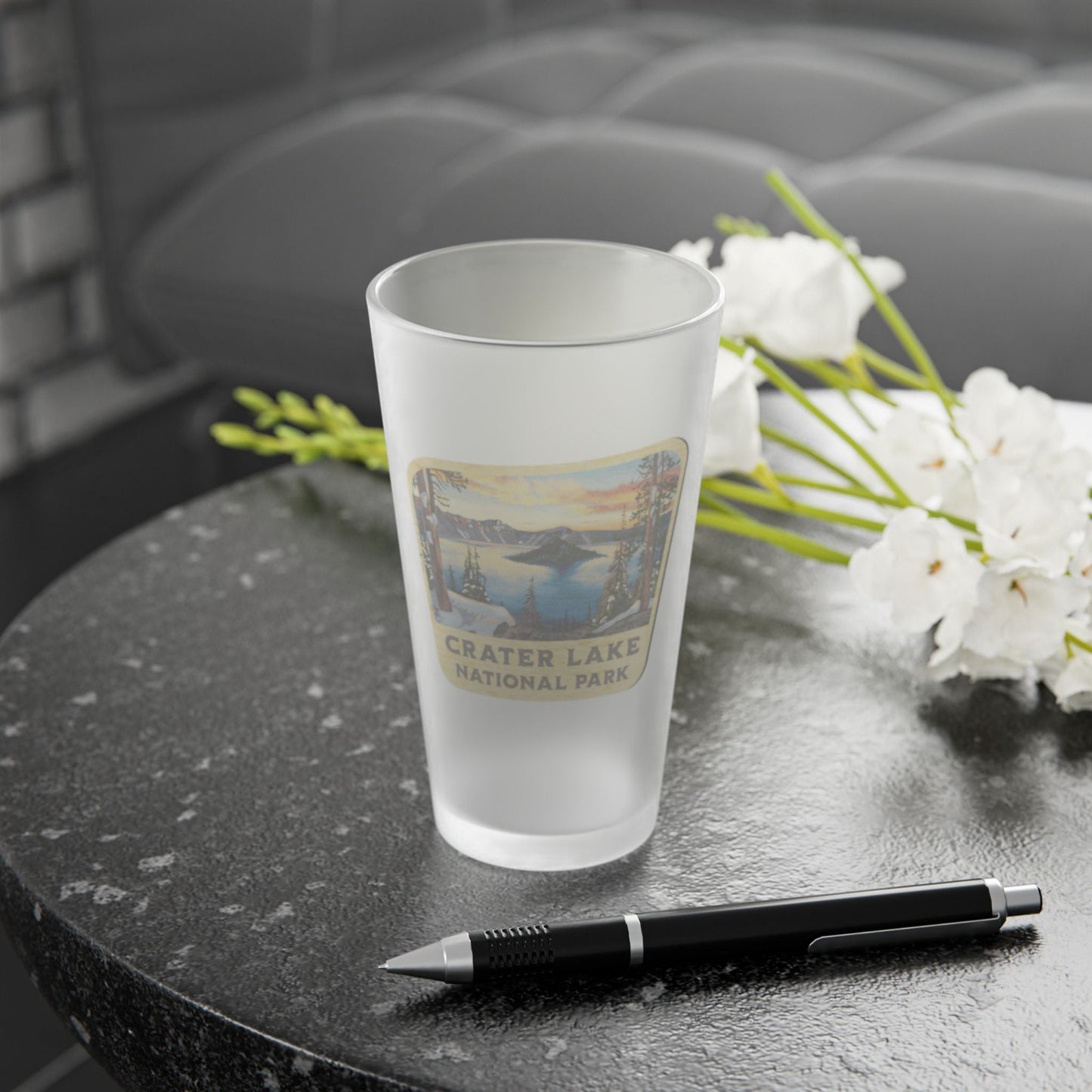Crater Lake National Park Frosted Pint Glass Scenic Sign