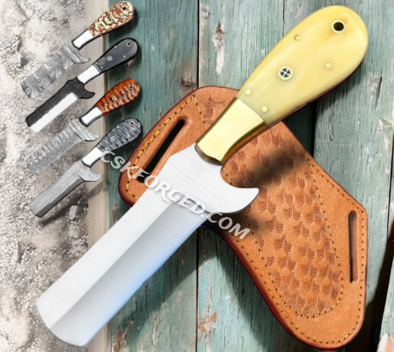 7" Handmade Camel Bone Handle Cowboy Bull cutter knife with leather sheath