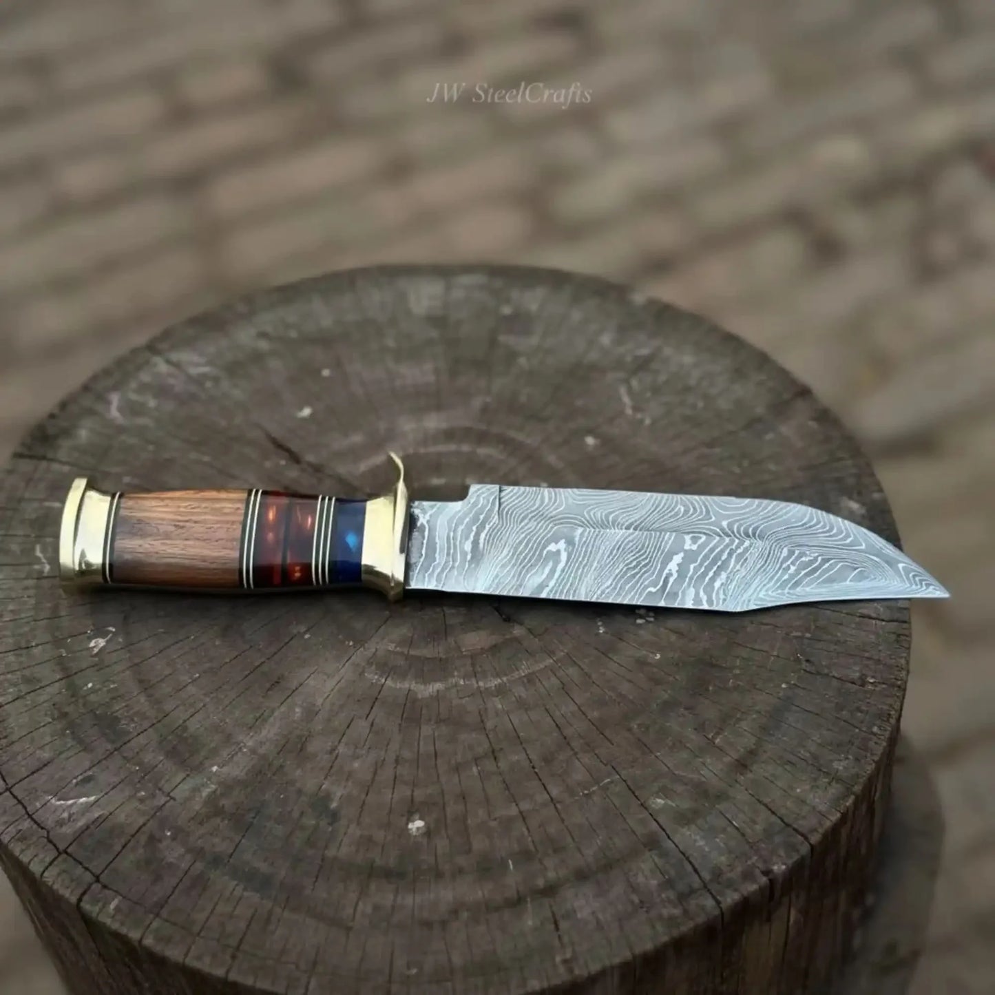 Handmade Damascus Steel Bowie Knife Stacked Leather Handle with Brass Fittings