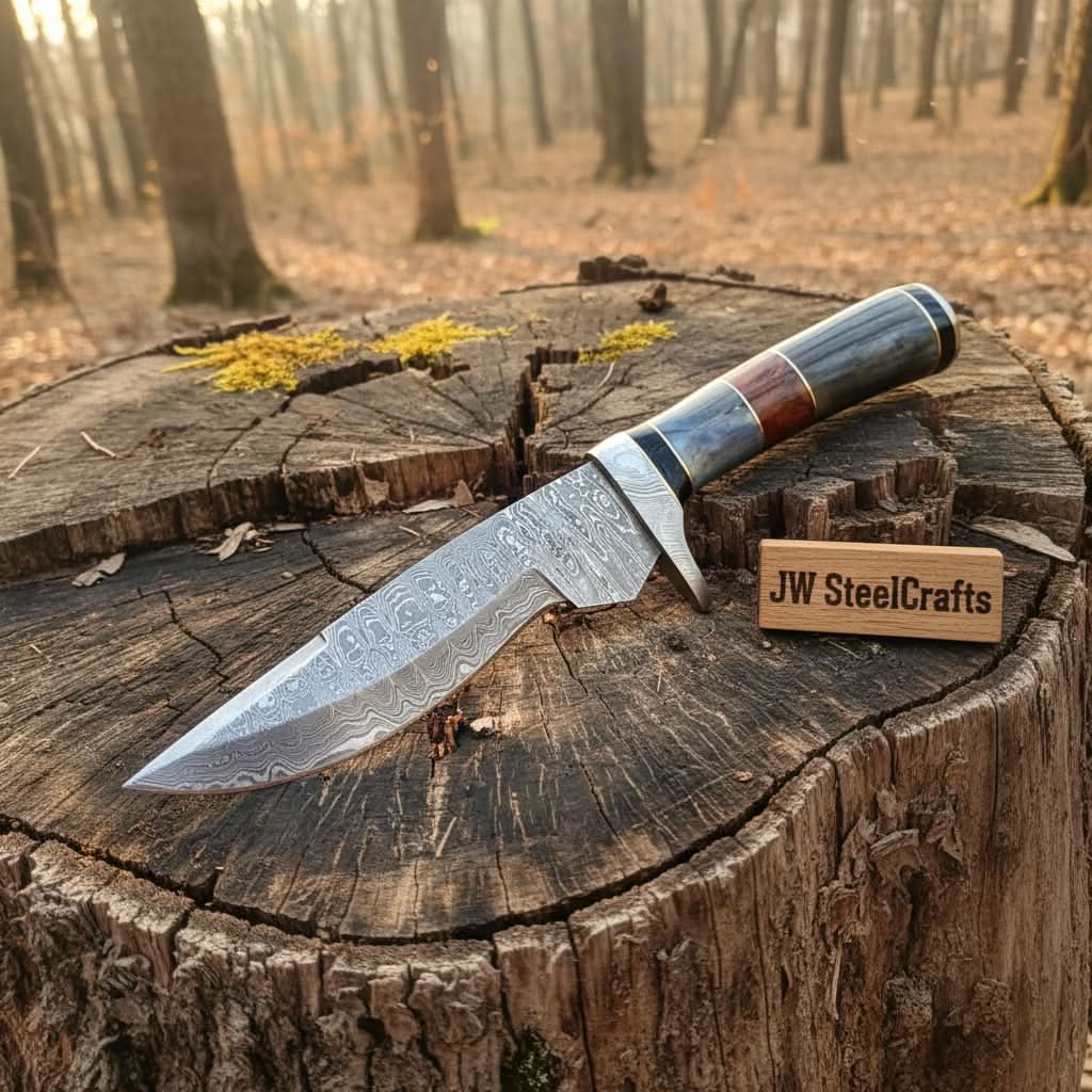Handmade Damascus Bowie Knife with Colored Bone Handle | Full Tang Fixed Blade