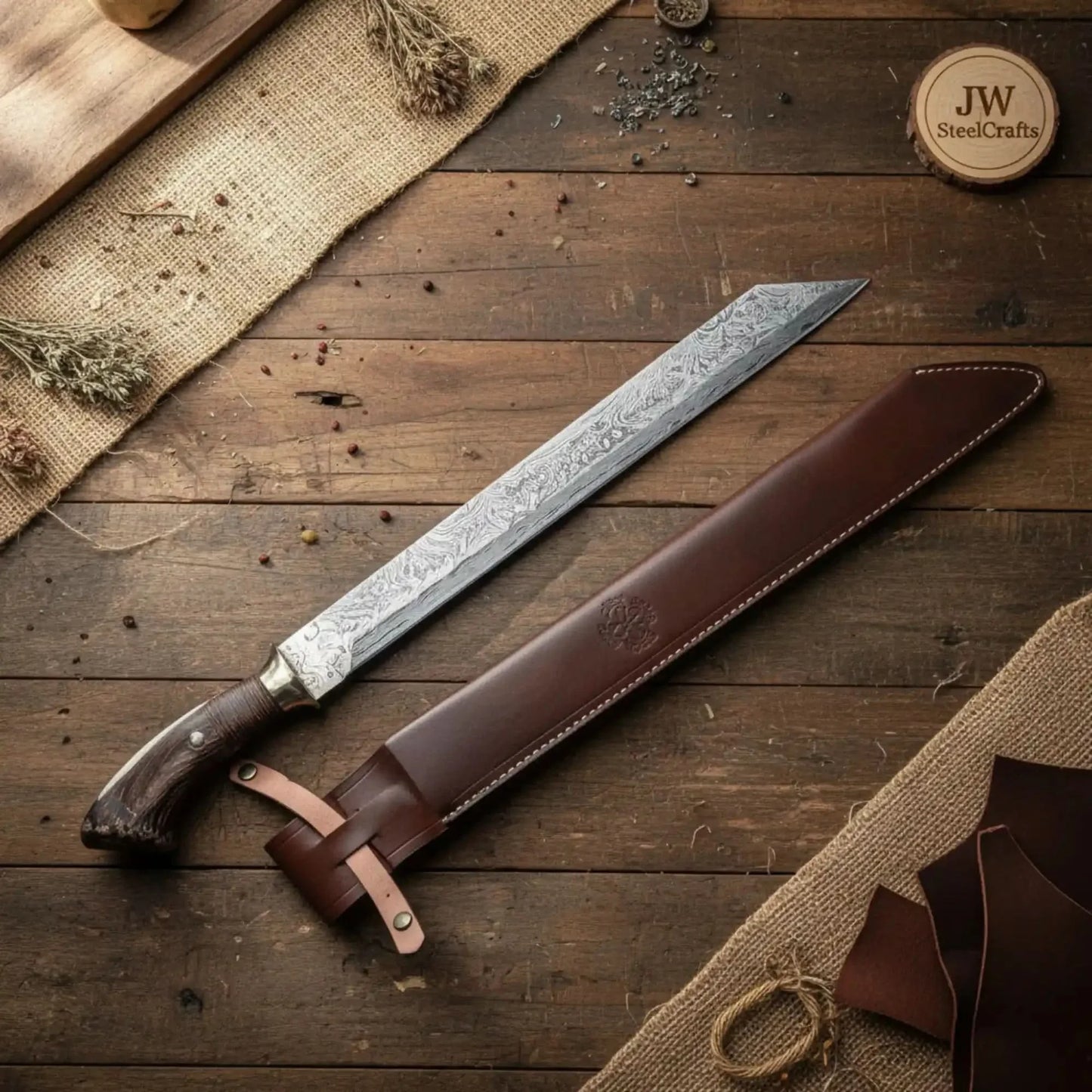 Long Seax Knife Straight Back Blade-Damascus steel | Medieval Style Knife