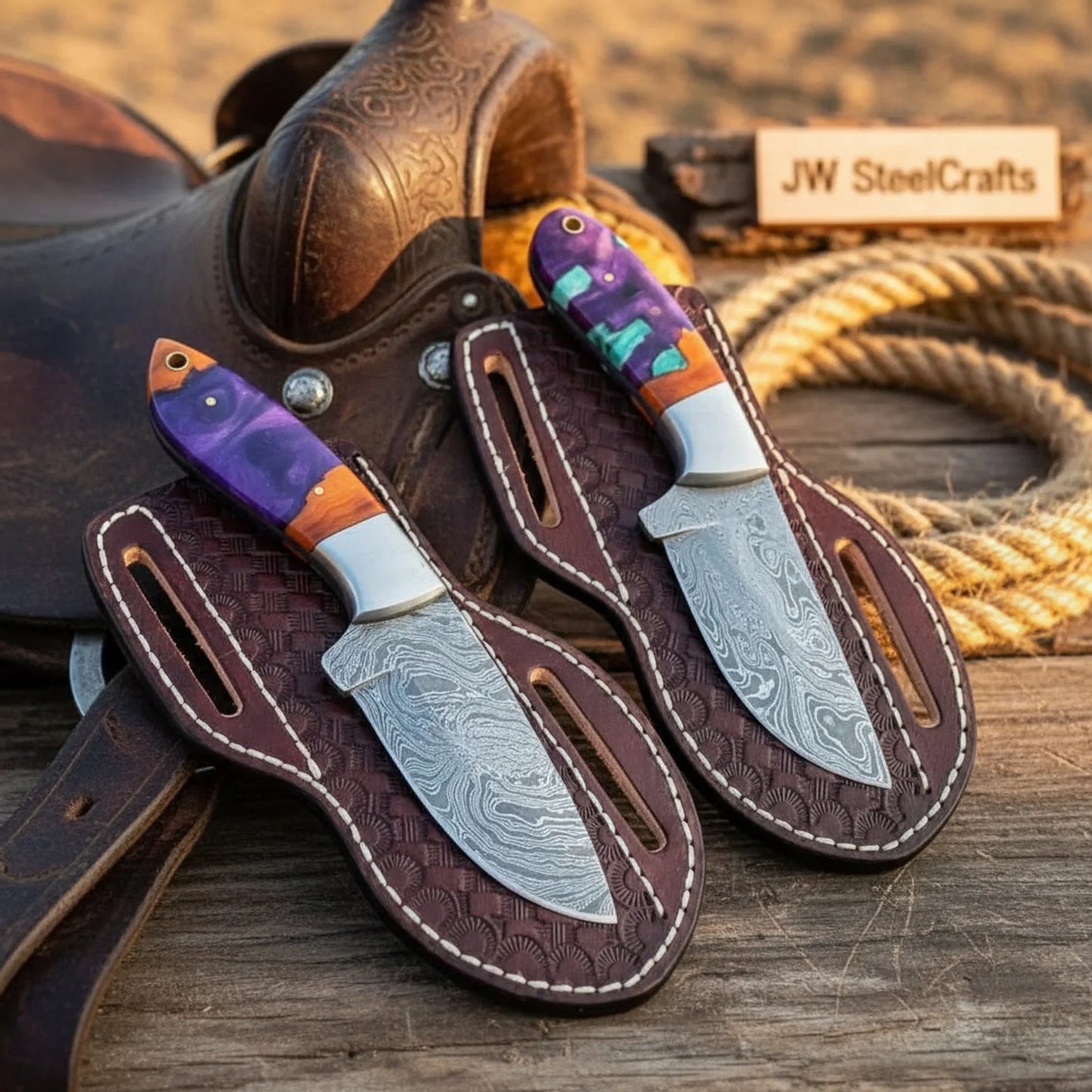 Prairie Fire Cowboy Knife Set of 2 Multi Color Resin Handle 7" Steel Bolster Cross Draw Sheath