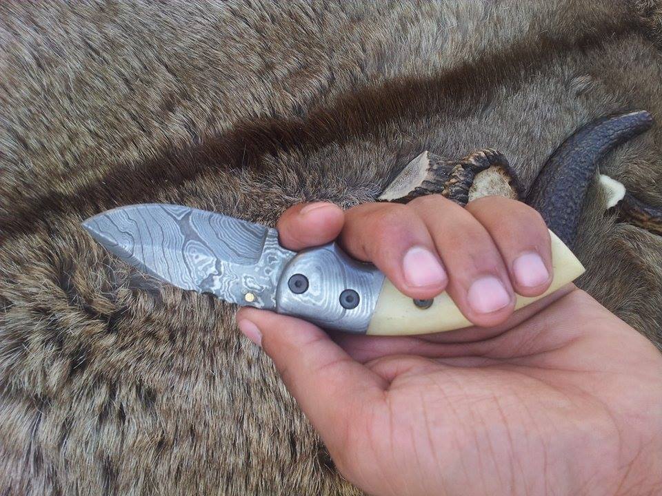 Everyday Carry Damascus Steel Folding Pocket Knife with Bone Handle & Damascus Bolster