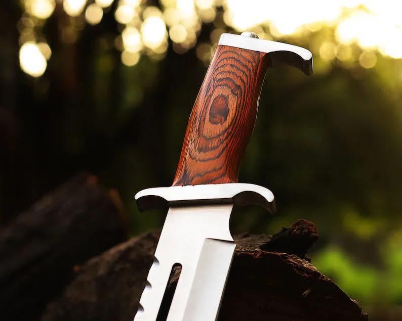 Professional Rambo Bowie Knife - 12" D2 Steel with Exotic Red Wood Handle & Steel Guards