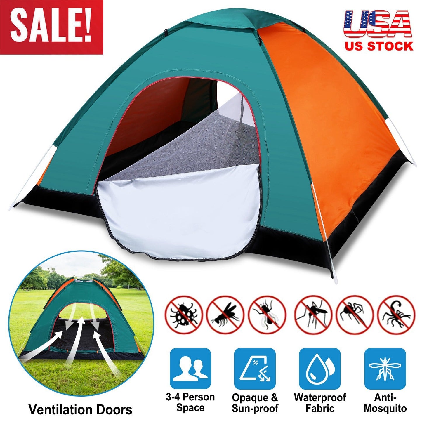 3/4 Man Waterproof Camping Tent Instant Pop Up Dome Tent w/Mosquito Net Doors Bags