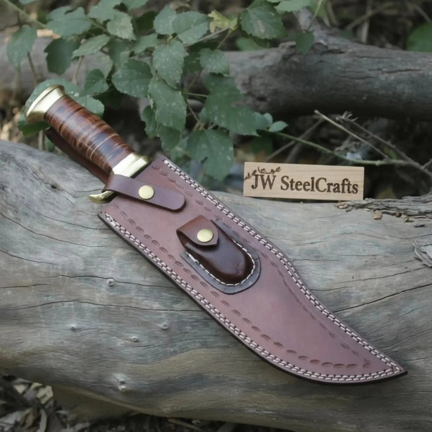 Traditional Bowie Fixed Blade Knife Brass Guard Leather Sheath