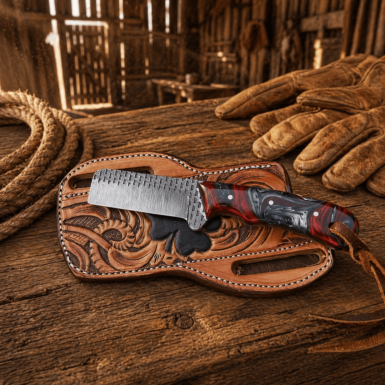 Bull Cutter Knife Rasp Steel Blade Epoxy Resin Handle Sheath