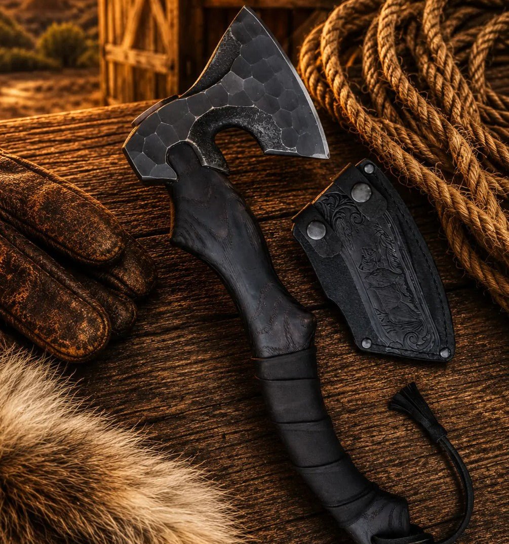 Bushcraft Hatchet D2 Steel Axe with Ash Wood Handle & Sheath