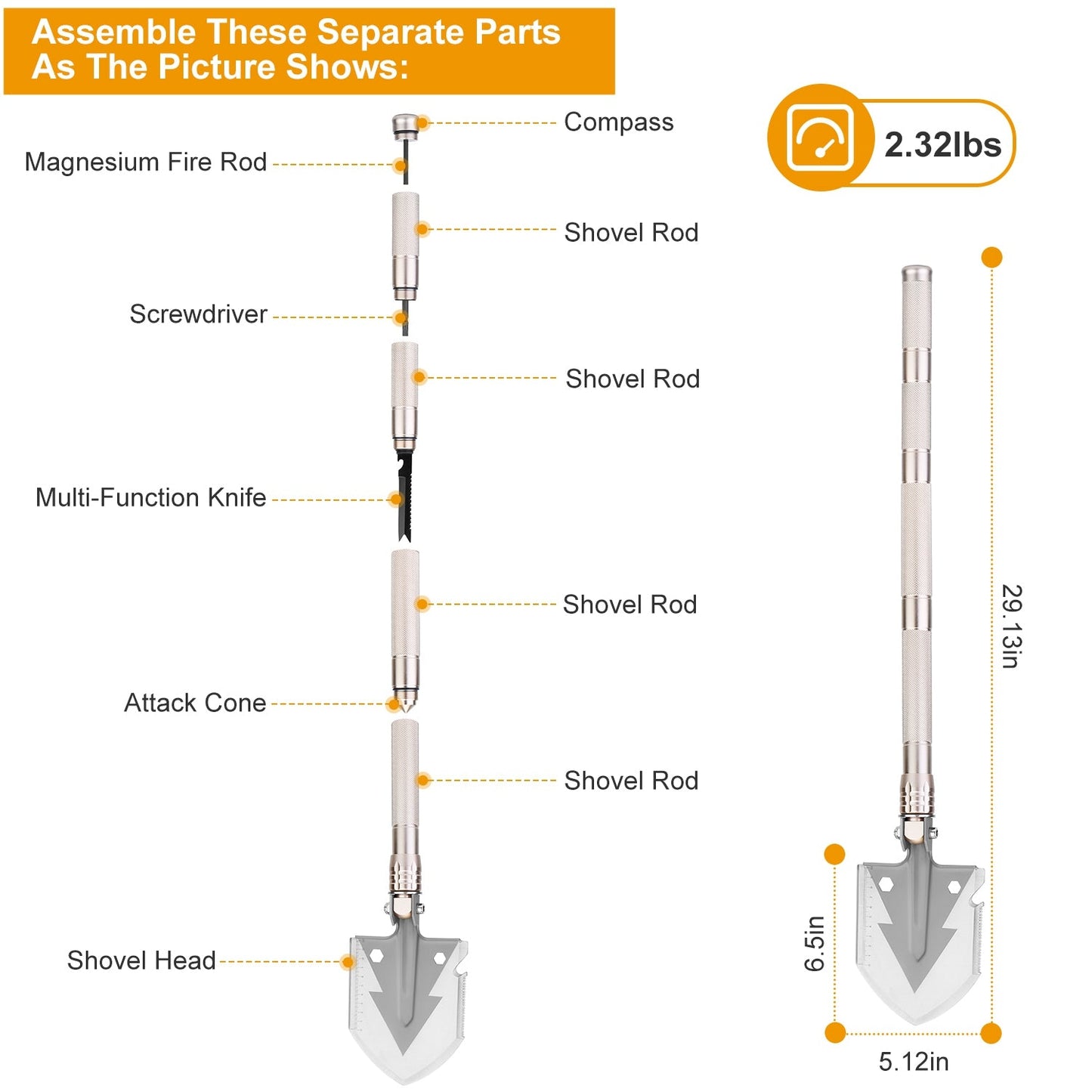 Military Folding Shovel Multifunctional Survival Emergency Spade Tactical Multi Tool For Outdoor Camping Hiking Backpacking w/ Compass