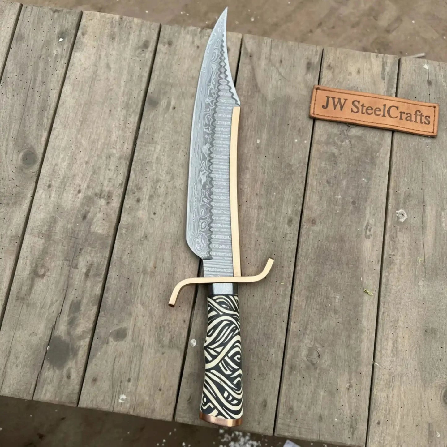 Copper Damascus Sub-Hilt Fighter Bowie Handmade 17-Inch Collector Display Knife