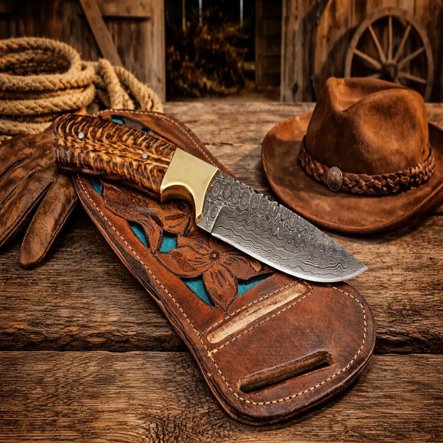 Cowboy Belt Knife - 8” Damascus Steel Blade Pine Cone Resin Handle