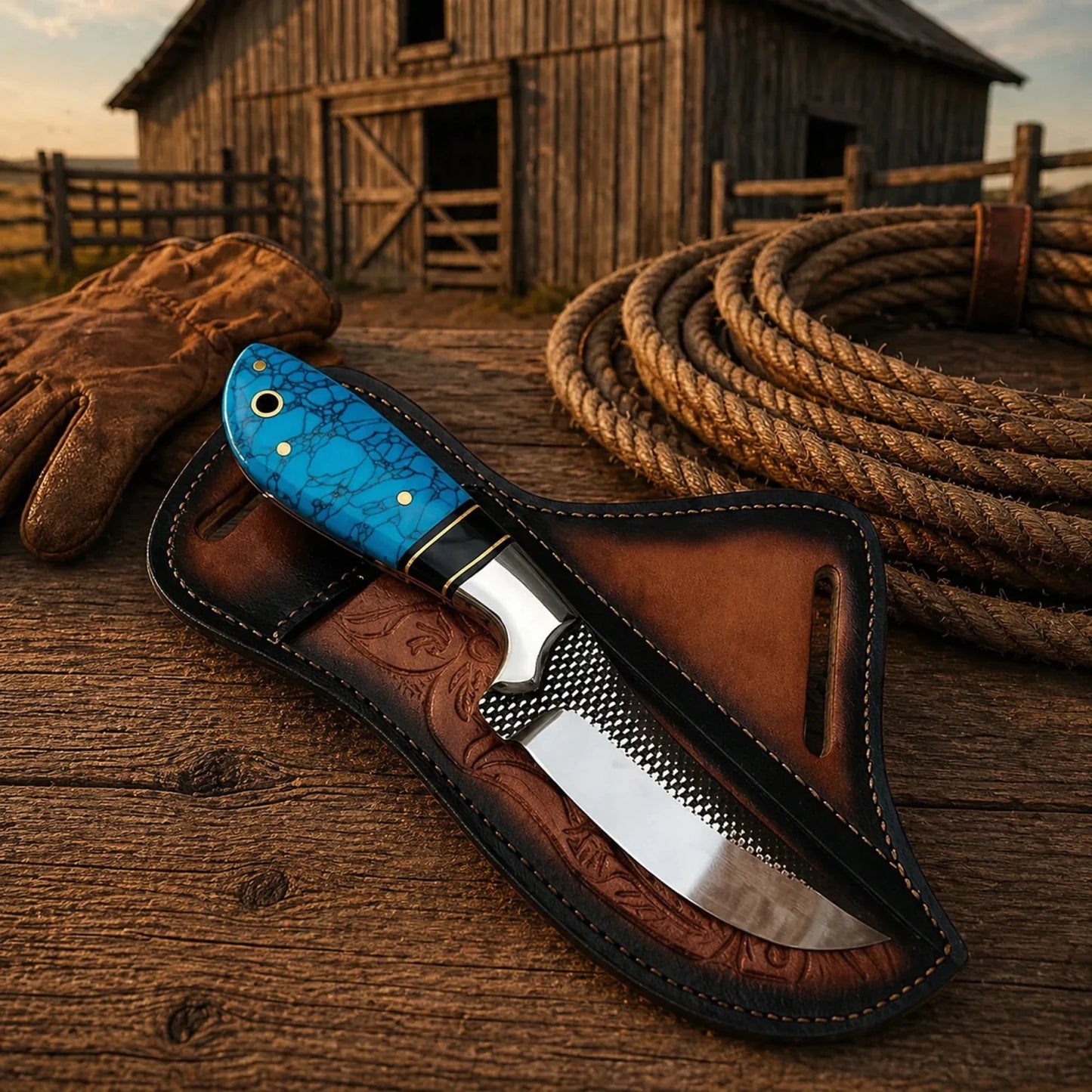 Cowboy Belt Knife – Rasp Tool Steel & Turquoise Handle