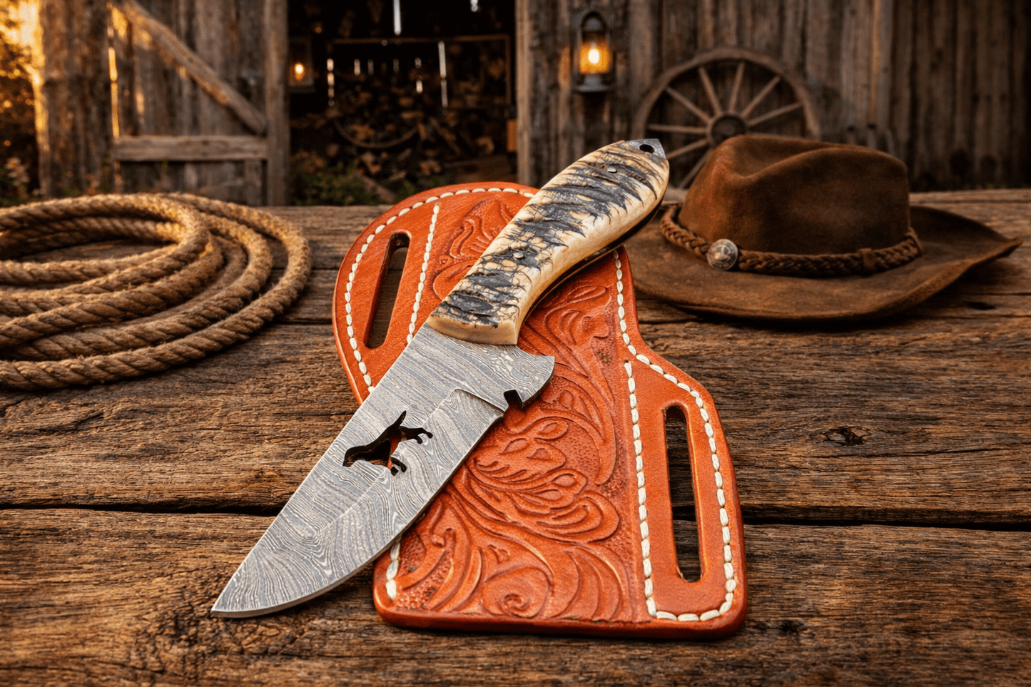 Cowboy Hunting Belt Knife – 4" Damascus Steel Sheep Horn Handle