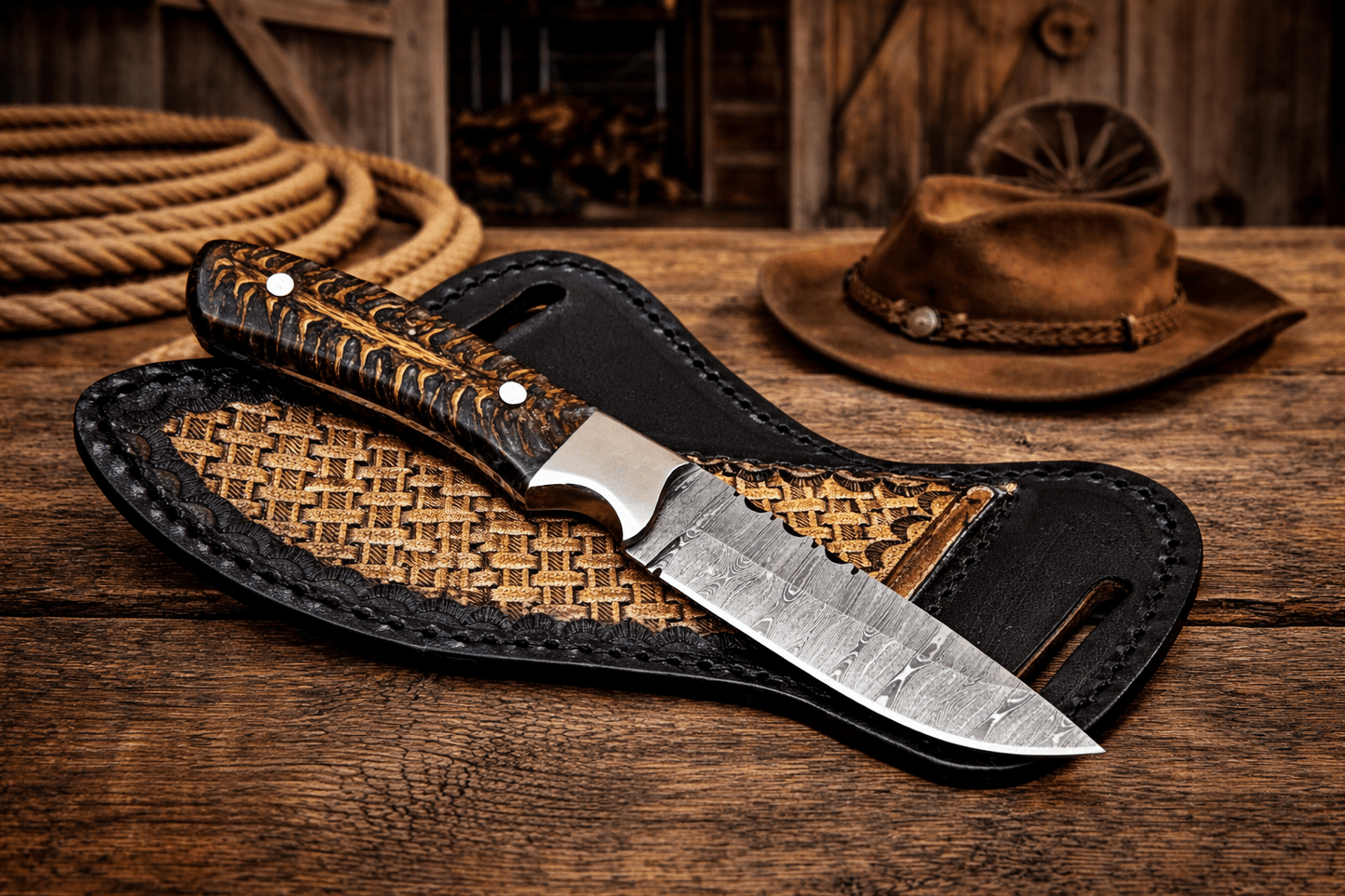Cowboy Hunting Sheath Knife – 4" Damascus Steel Pinecone Handle