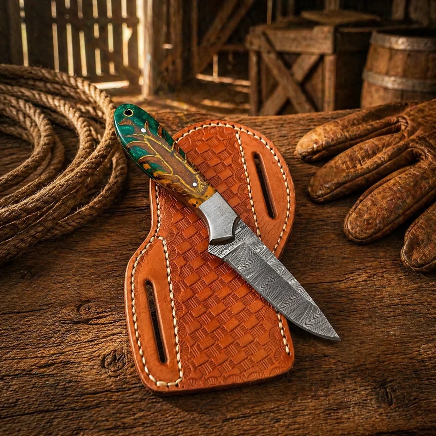 Cowboy Knife Damascus Steel Blade Epoxy Pine Cone Handle EDC