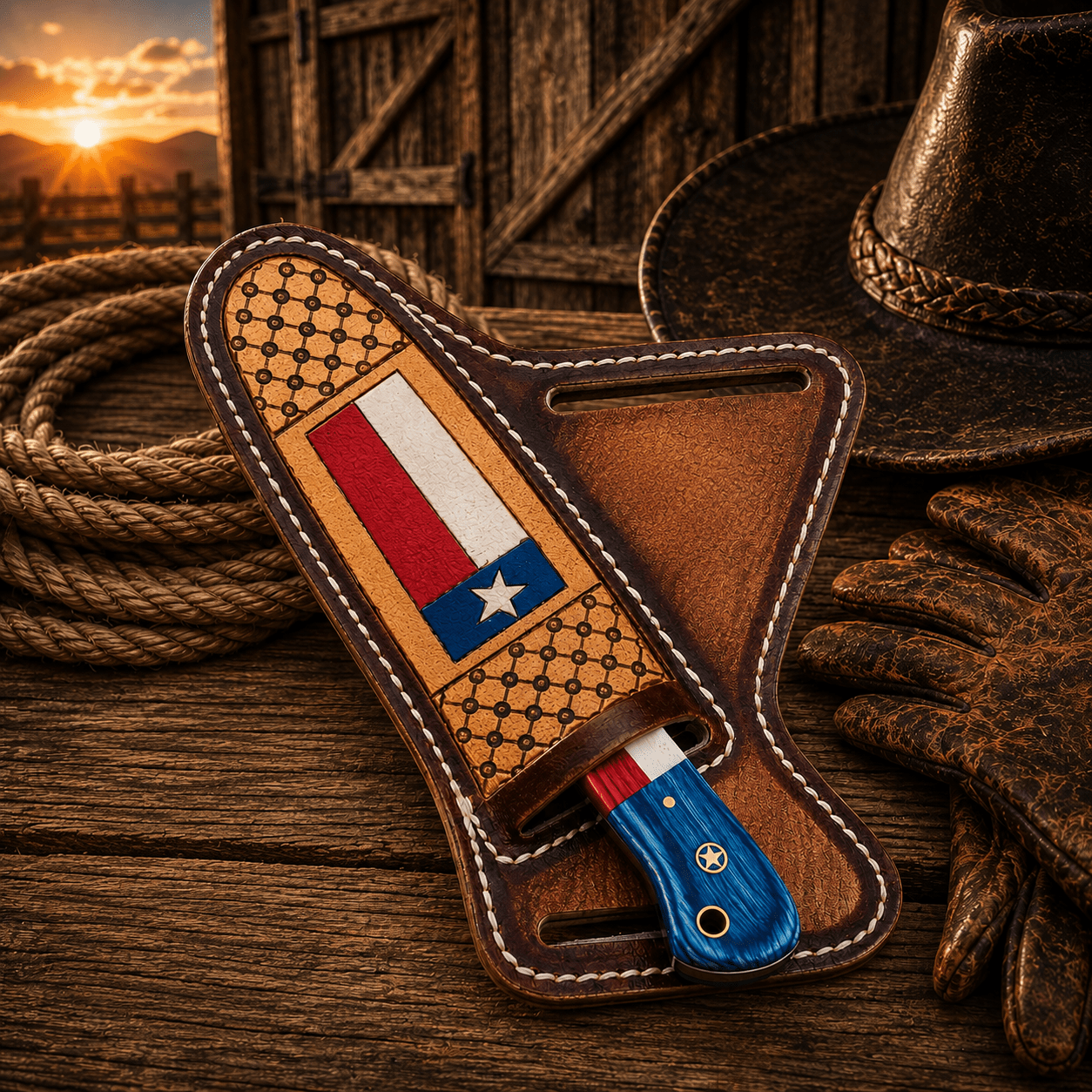 Cowboy Knife – Handmade Steel Blade Flag Handle Belt Sheath