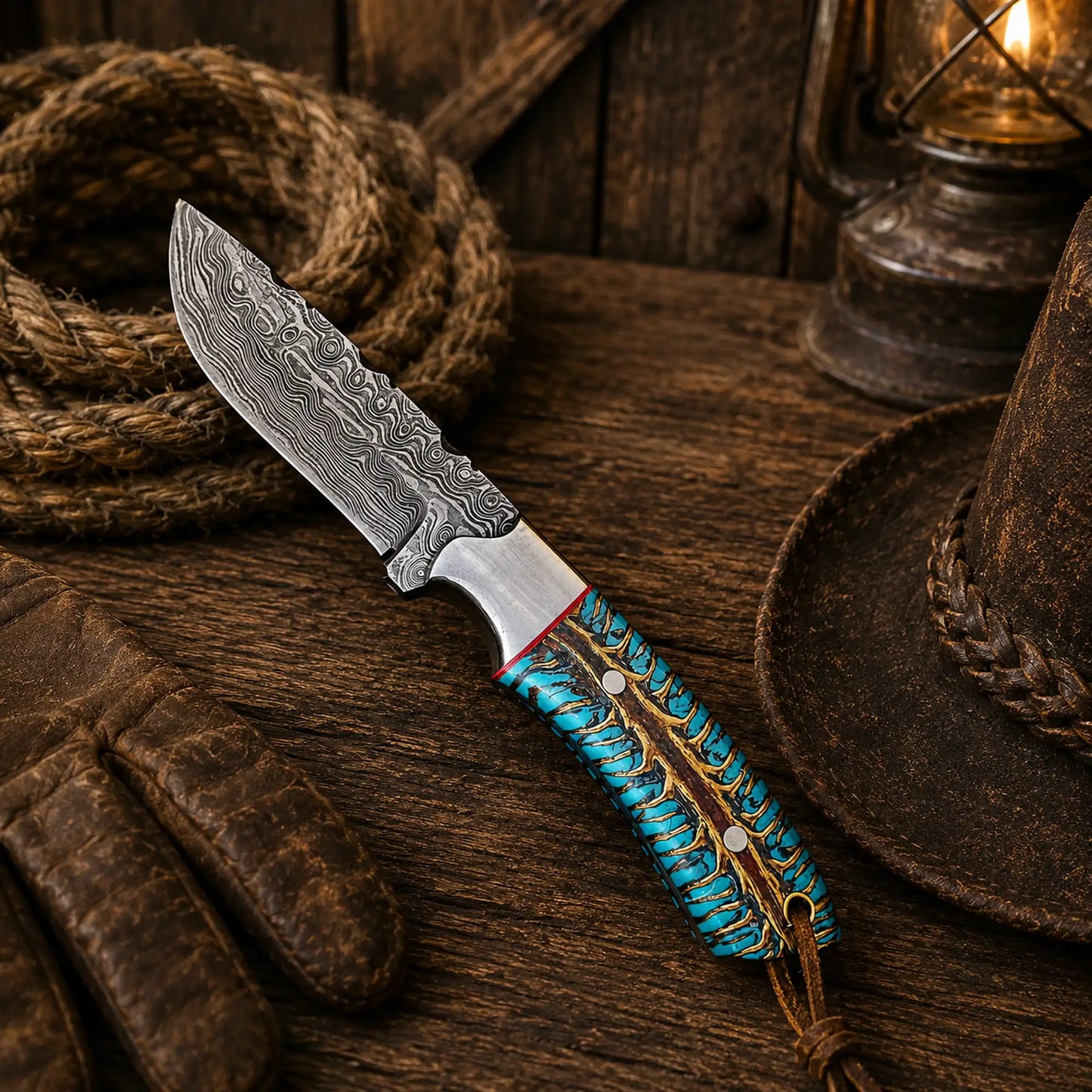 Western Belt Carry Knife – 4” Damascus Blade Pinecone Handle
