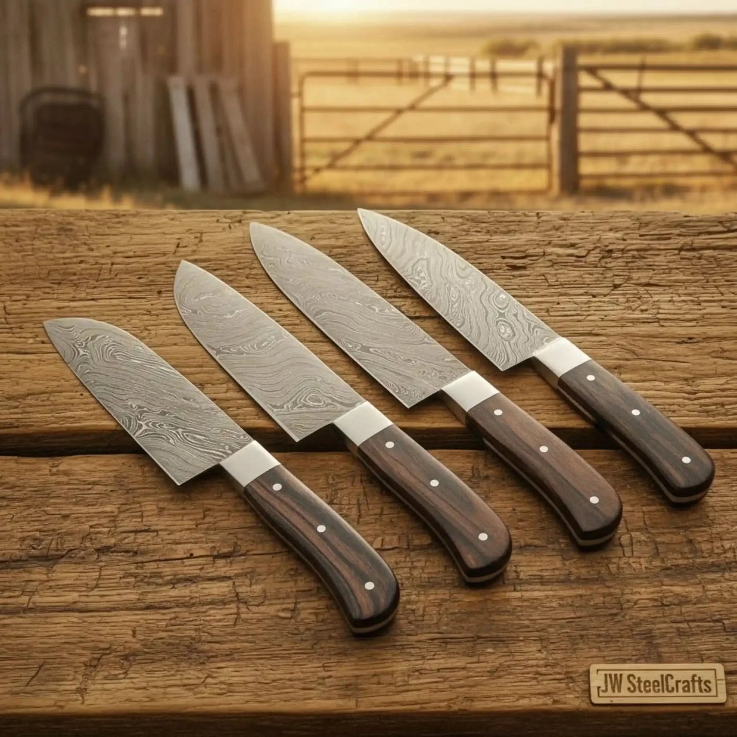 Handmade 4-Piece Damascus Chef Knife Set | Professional Kitchen Knife Set with Rosewood Handles