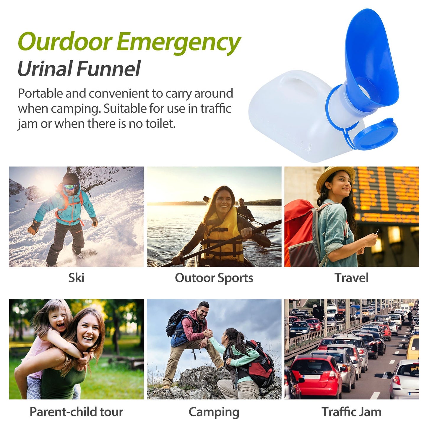 Unisex Potty Urinal Bottle 1000ML/33.8OZ Adult Emergency Urinal Device Portable Male Female Toilet w/ Lid Funnel For Car Camping Travel Hospital Outdo