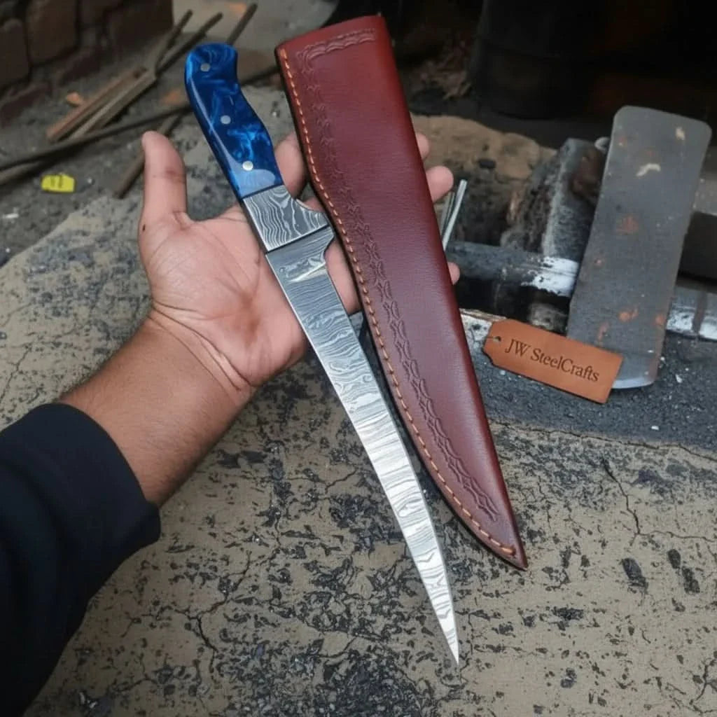 Hand-Forged 8 Inch Damascus Steel Fillet Knife with Blue Resin Handle, Full Tang with Leather Sheath