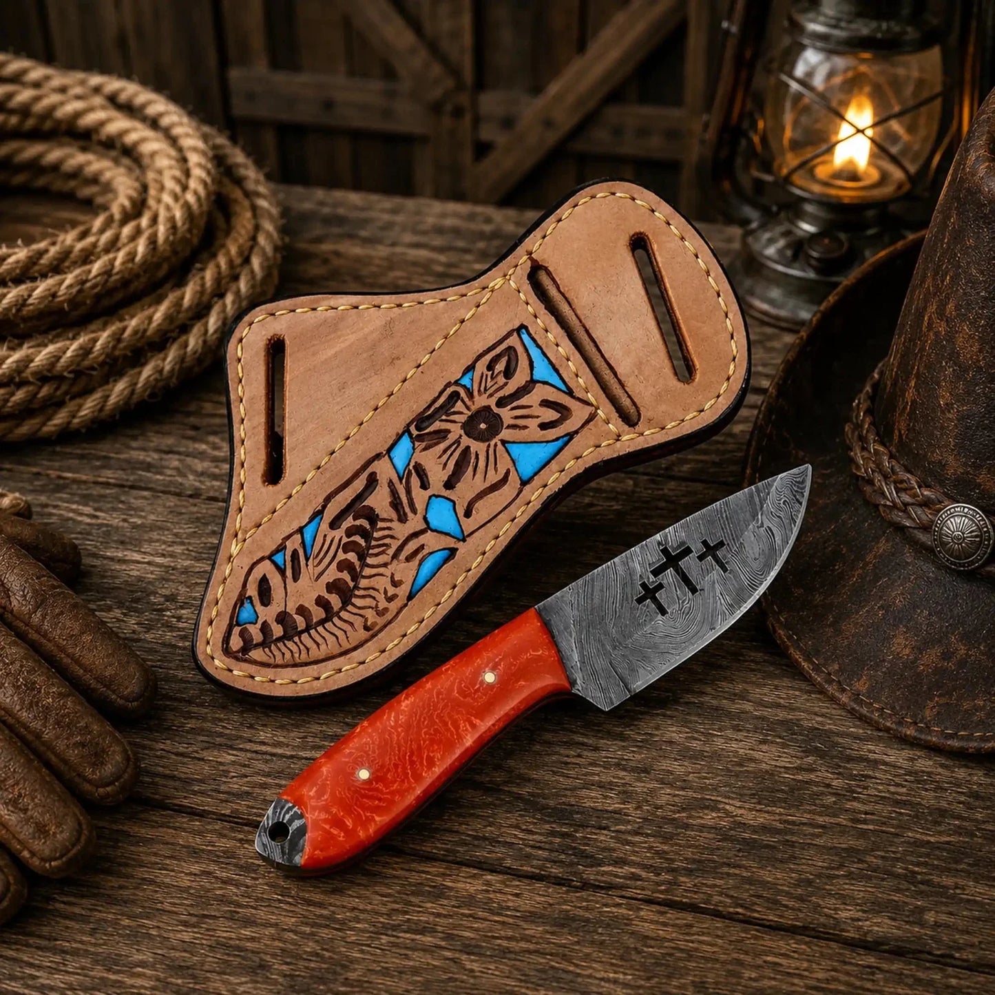 Handcrafted Sheath Knife – 4” Cross Damascus Blade EDC