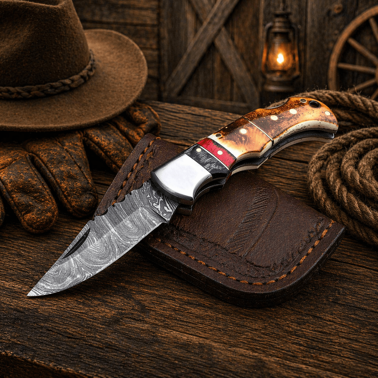 Handmade Damascus Pocket Knife – Burnt Camel Bone Handle Folding Knife with Leather Sheath | Custom EDC Hunting Knife Gift for Men