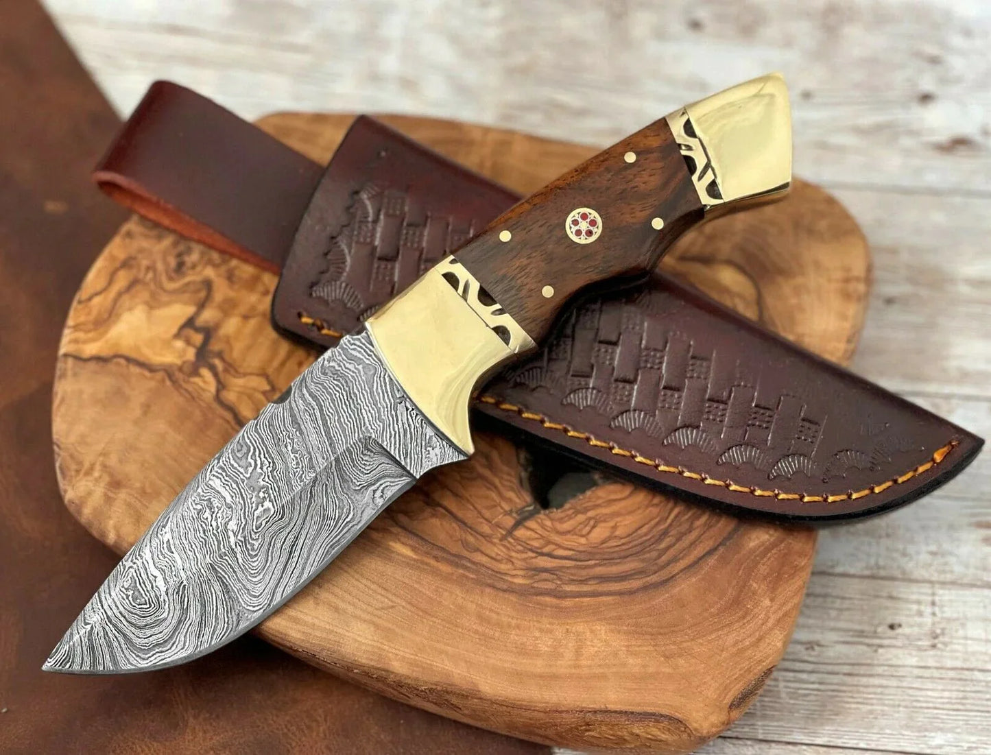 Handmade Damascus Steel Knife 9" Custom Fixed Blade Knife With Rose Wood Handle