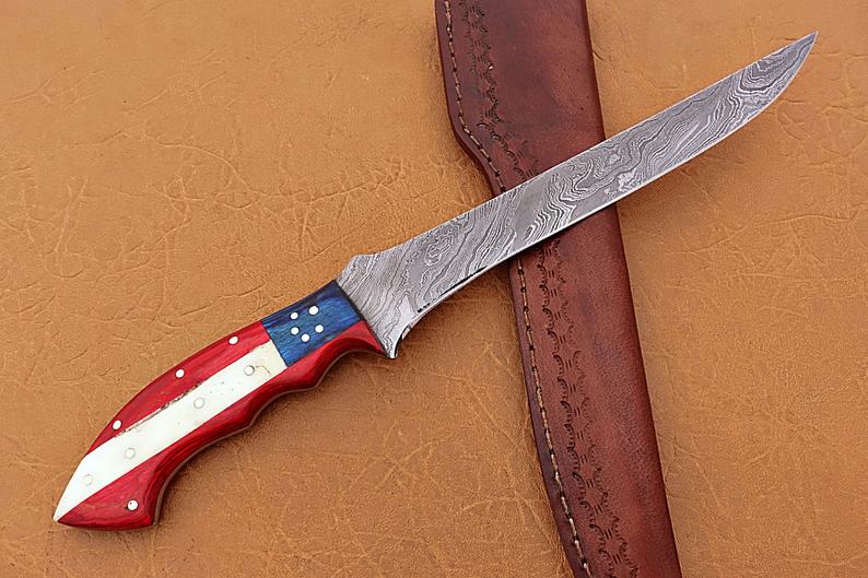 Handmade Damascus Steel Fillet-Boning Knife with Texas Flag Red-Blue Exotic Wood and Bone Handle - 13 Inch Overall Length