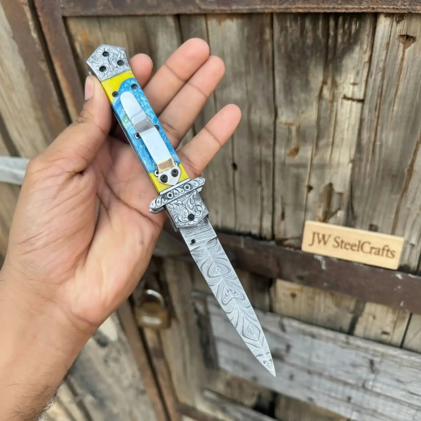Handmade Italian Style Folding Knife Slim Stiletto-Style Pocket Knife with Wood Handle