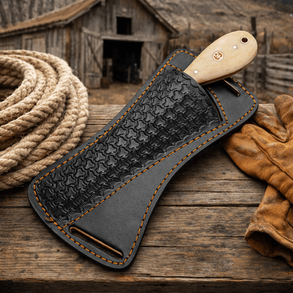 Maverick Bull Cutter – Hand-Forged Damascus Cowboy Skinner Knife with Leather Sheath